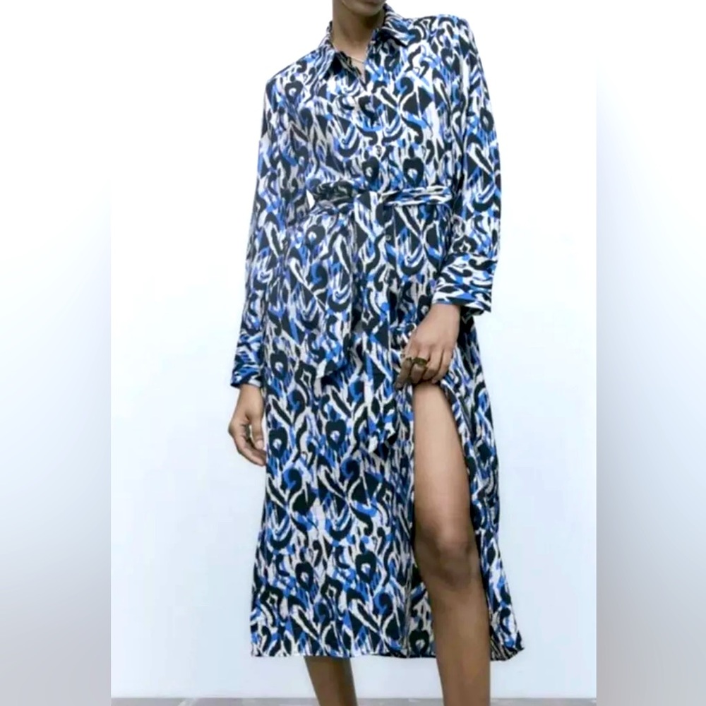 NWT ZARA Button Up Long Dress Blue Black and White Print - size large